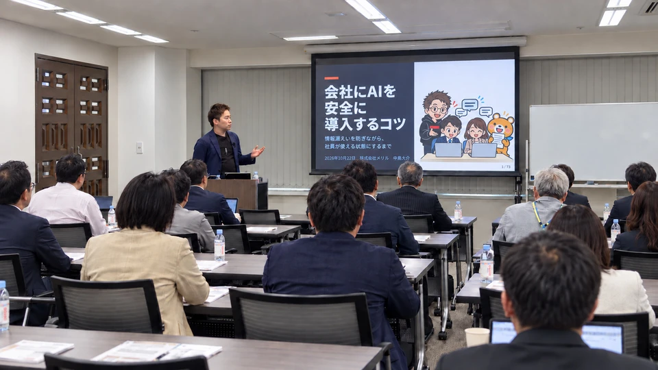 全国経友会の経営セミナーで、「会社にAIを安全に導入するコツ」の表紙を映して講演する中島大介
